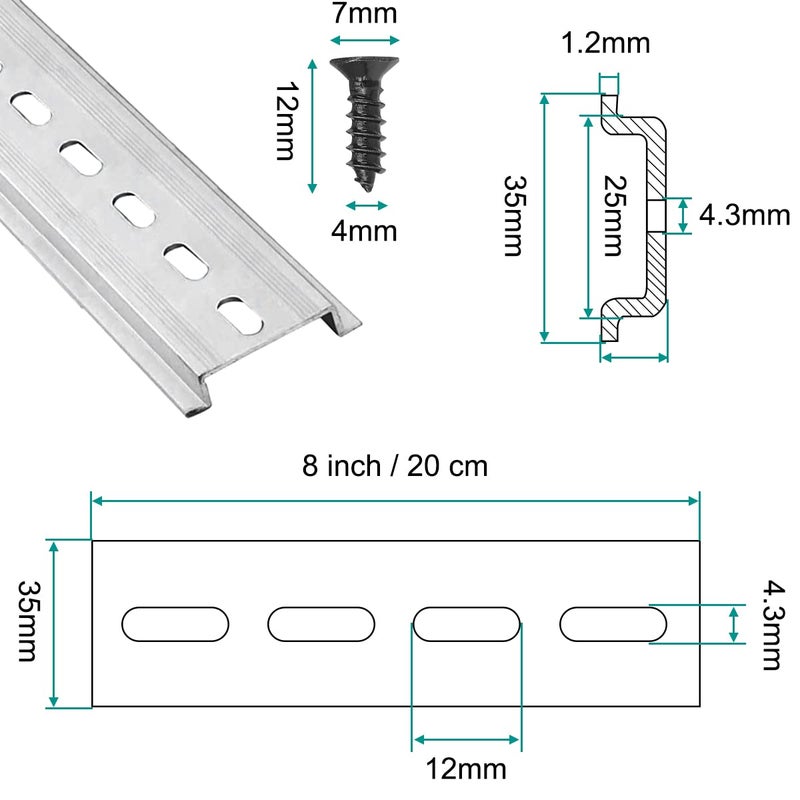 DKARDU Din Rail 35mm Slotted Aluminum, 8 PCS Clamp DIN Rails, with Mounting Screws, 8 Inches 20 CM Long, 35mm Wide, 7.5mm High for Terminal Block Relay - Image 2